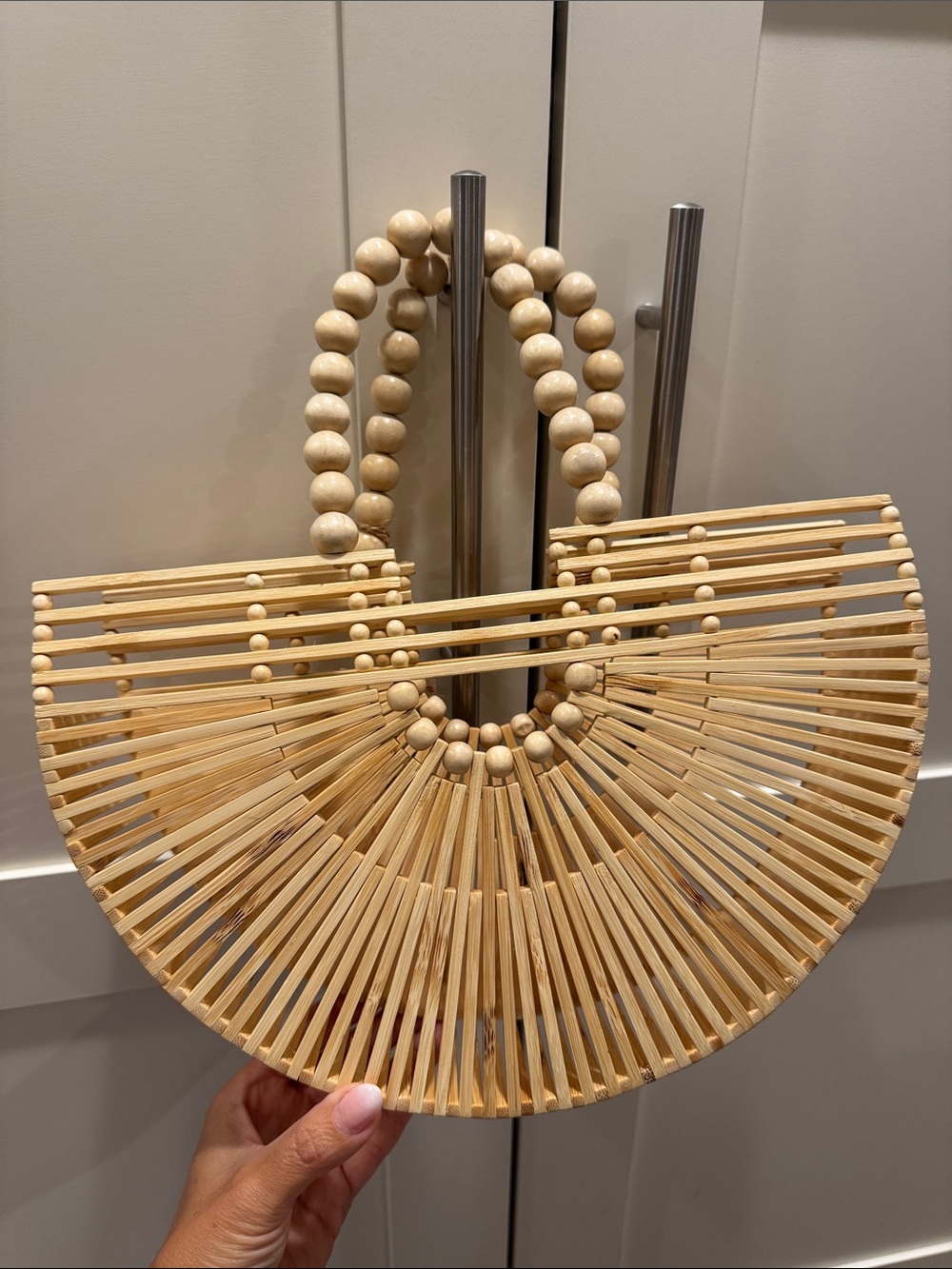 Natural Bamboo Beaded Handle Semi-Circle Tote
